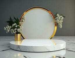 Abstract 3d podium for product presentation with geometric shapes, Empty round podium,Platforms for product presentation show new product background.Generative Ai photo