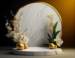 Abstract 3d podium for product presentation with geometric shapes, Empty round podium,Platforms for product presentation show new product background.Generative Ai photo