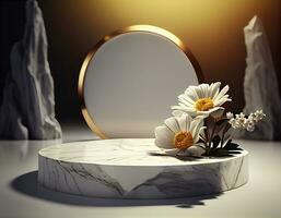 Abstract 3d podium for product presentation with geometric shapes, Empty round podium,Platforms for product presentation show new product background.Generative Ai photo