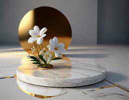 Abstract 3d podium for product presentation with geometric shapes, Empty round podium,Platforms for product presentation show new product background.Generative Ai photo