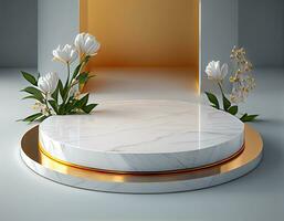 Abstract 3d podium for product presentation with geometric shapes, Empty round podium,Platforms for product presentation show new product background.Generative Ai photo