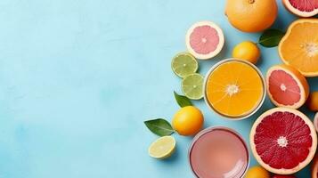 Top view flat lay of juice,lemon,orange,on pastel blue background and copy space.Generative Ai. photo