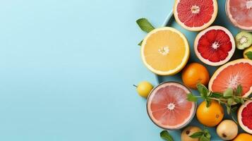 Top view flat lay of juice,lemon,orange,on pastel blue background and copy space.Generative Ai. photo