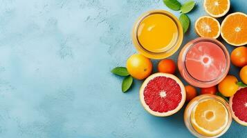 Top view flat lay of juice,lemon,orange,on pastel blue background and copy space.Generative Ai. photo