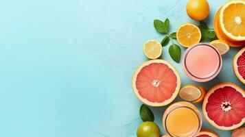 Top view flat lay of juice,lemon,orange,on pastel blue background and copy space.Generative Ai. photo