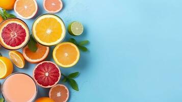 Top view flat lay of juice,lemon,orange,on pastel blue background and copy space.Generative Ai. photo