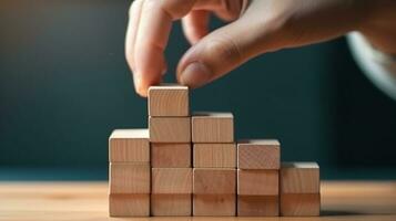 Businessman hand arranging wood block stacking step by step,Business concept growth success process.Generative Ai. photo