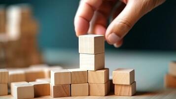 Businessman hand arranging wood block stacking step by step,Business concept growth success process.Generative Ai. photo
