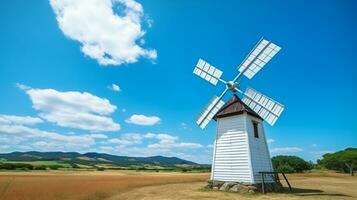 Windmill turbines in the green field with blue sky.Generative Ai. photo