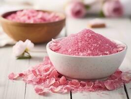 Spa set of spa treatment elements on white wooden,Peonies White towel,pink herbal salt.Generative Ai. photo