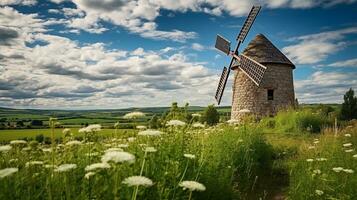 Windmill in the green field with blue sky.Generative Ai. photo