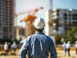 Engineer holding white helmet standing back looking at background construction work with sunset.Generative Ai. photo