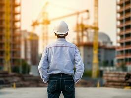 Engineer holding white helmet standing back looking at background construction work with sunset.Generative Ai. photo