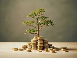 Golden coins stacks step by step with tree growing.Generative Ai. photo