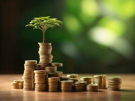 Golden coins stacks step by step with tree growing.Generative Ai. photo