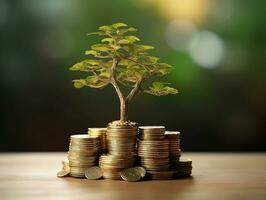 Golden coins stacks step by step with tree growing.Generative Ai. photo