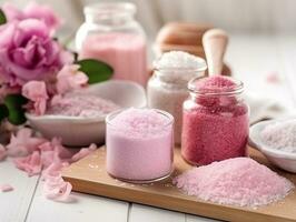 Spa set of spa treatment elements on white wooden,Peonies White towel,pink herbal salt.Generative Ai. photo