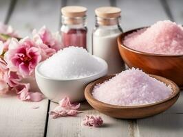 Spa set of spa treatment elements on white wooden,Peonies White towel,pink herbal salt.Generative Ai. photo