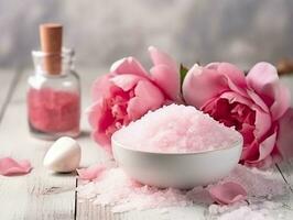 Spa set of spa treatment elements on white wooden,Peonies White towel,pink herbal salt.Generative Ai. photo