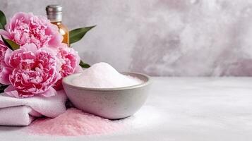 Spa set of spa treatment elements on white wooden,Peonies White towel,pink herbal salt.Generative Ai. photo