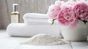 Spa set of spa treatment elements on white wooden,Peonies White towel,pink herbal salt.Generative Ai. photo