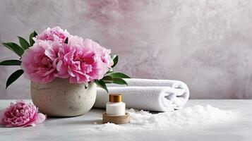 Spa set of spa treatment elements on white wooden,Peonies White towel,pink herbal salt.Generative Ai. photo