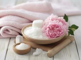 Spa set of spa treatment elements on white wooden,Peonies White towel,pink herbal salt.Generative Ai. photo