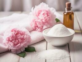 Spa set of spa treatment elements on white wooden,Peonies White towel,pink herbal salt.Generative Ai. photo