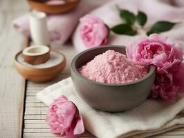 Spa set of spa treatment elements on white wooden,Peonies White towel,pink herbal salt.Generative Ai. photo