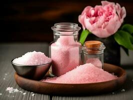 Spa set of spa treatment elements on white wooden,Peonies White towel,pink herbal salt.Generative Ai. photo