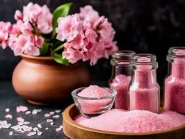 Spa set of spa treatment elements on white wooden,Peonies White towel,pink herbal salt.Generative Ai. photo