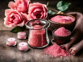 Spa set of spa treatment elements on white wooden,Peonies White towel,pink herbal salt.Generative Ai. photo