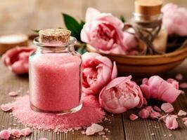 Spa set of spa treatment elements on white wooden,Peonies White towel,pink herbal salt.Generative Ai. photo