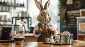 Bunny dressed as a barista serving coffee.Generative Ai. photo