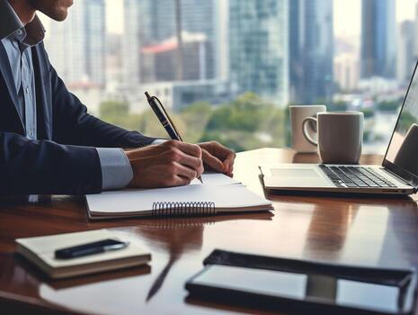 Businessman using notebook on table in the office background,Businessman working with notebook analytics and data,management System to make report connected to database,Business concept.Generative Ai. photo