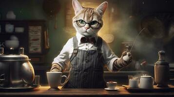 Cat dressed barista serving coffee in the coffee shop.Generative Ai. photo