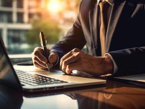 Businessman using notebook on table in the office background,Businessman working with notebook analytics and data,management System to make report connected to database,Business concept.Generative Ai. photo