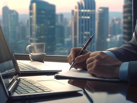 Businessman using notebook on table in the office background,Businessman working with notebook analytics and data,management System to make report connected to database,Business concept.Generative Ai. photo
