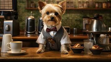 Dog dressed barista serving coffee in the coffee shop.Generative Ai. photo