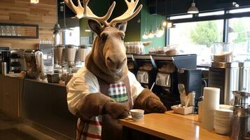 Reindeer dressed as a barista serving coffee.Generative Ai. photo