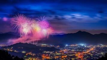 Beautiful colorful firework display for celebration on the night.Generative Ai. photo