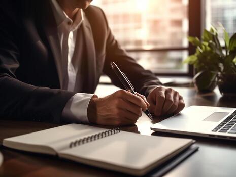 Businessman using notebook on table in the office background,Businessman working with notebook analytics and data,management System to make report connected to database,Business concept.Generative Ai. photo