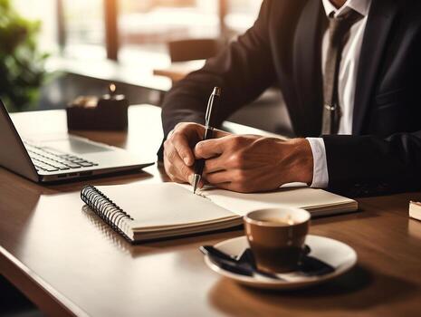 Businessman using notebook on table in the office background,Businessman working with notebook analytics and data,management System to make report connected to database,Business concept.Generative Ai. photo