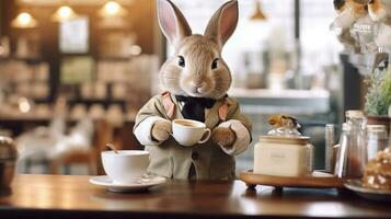 Bunny dressed as a barista serving coffee.Generative Ai. photo