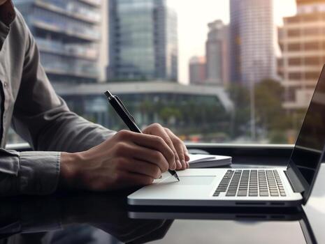 Businessman using notebook on table in the office background,Businessman working with notebook analytics and data,management System to make report connected to database,Business concept.Generative Ai. photo