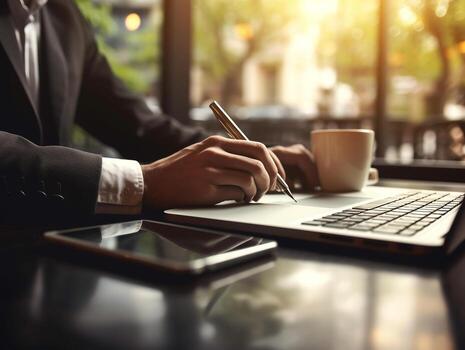 Businessman using notebook on table in the office background,Businessman working with notebook analytics and data,management System to make report connected to database,Business concept.Generative Ai. photo