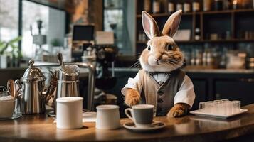 Bunny dressed as a barista serving coffee.Generative Ai. photo