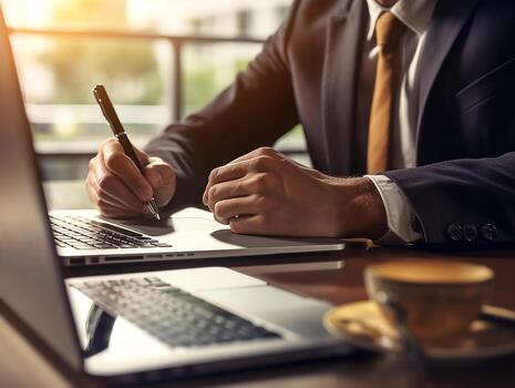 Businessman using notebook on table in the office background,Businessman working with notebook analytics and data,management System to make report connected to database,Business concept.Generative Ai. photo