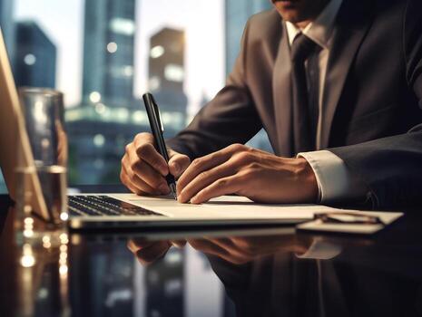 Businessman using notebook on table in the office background,Businessman working with notebook analytics and data,management System to make report connected to database,Business concept.Generative Ai. photo