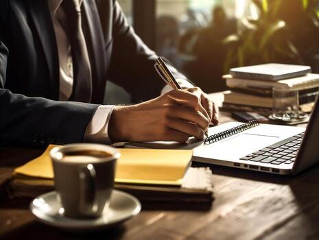 Businessman using notebook on table in the office background,Businessman working with notebook analytics and data,management System to make report connected to database,Business concept.Generative Ai. photo